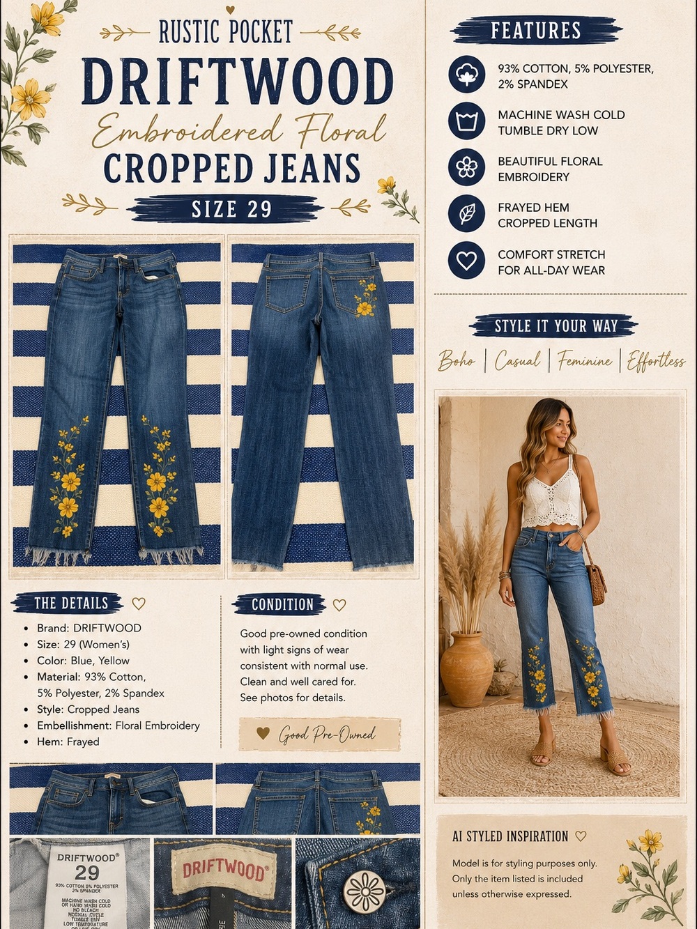 DRIFTWOOD Women’s Embroidered Floral Cropped Jeans Frayed Hem 29 - Picture 9 of 9